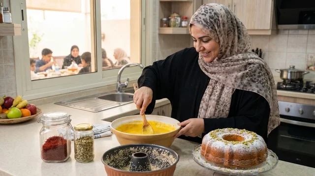 Kuwaiti Woman Preparing Traditional Gers Ogaily Cake in Kitchen