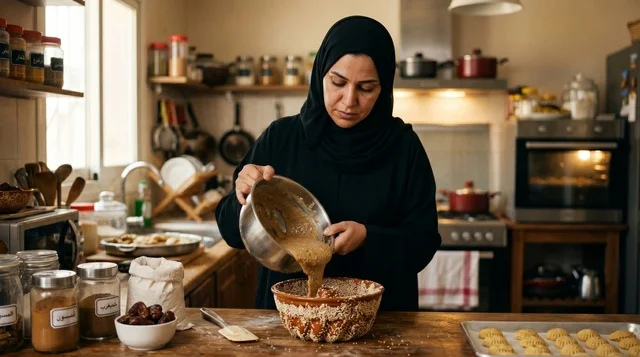Kuwaiti Woman Pouring Gers Ogaily Cake Batter in Kitchen