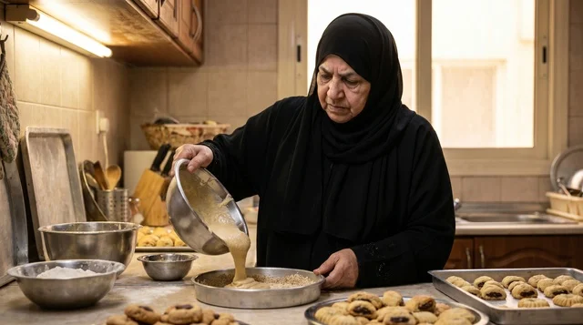 Kuwaiti Woman Baking Traditional Gers Ogaily in Kitchen