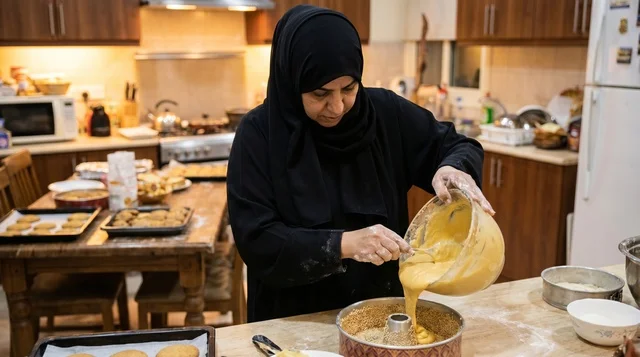 امرأة كويتية تحضر قرص العقيلي التقليدي في المطبخ
