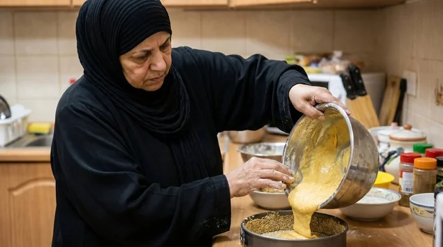 امرأة كويتية تصب خليط كيك قرص العقيلي في المطبخ