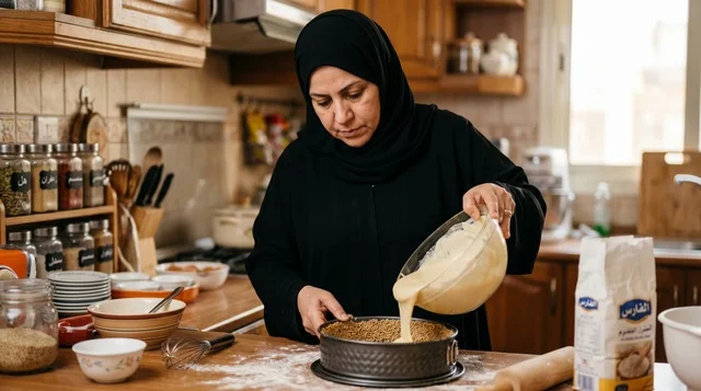 Kuwaiti Woman Baking Girs Ogaily Cake in Kitchen