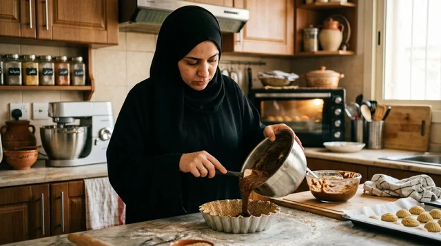 امرأة كويتية تحضر قرص العقيلي في المطبخ