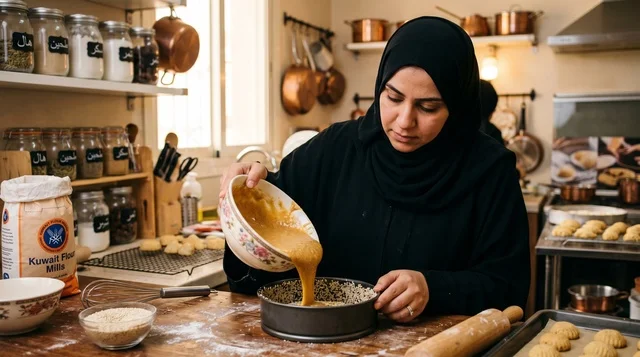 امرأة كويتية في المطبخ تحضر كيكة قرص العقيلي التقليدية