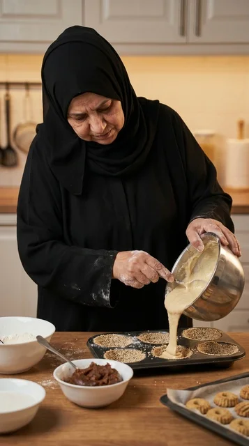 Kuwaiti Woman Baking Traditional Gers Ogaily Cake