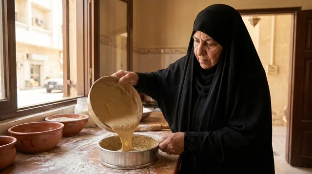 Kuwaiti Woman Pours Cake Batter in Kitchen