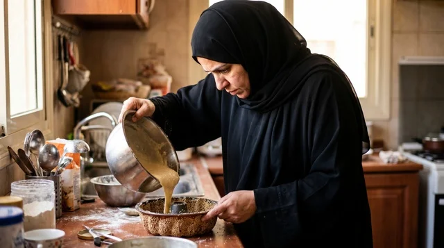 امرأة كويتية تحضر قرص العقيلي في المطبخ