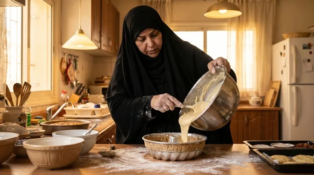 امرأة كويتية محجبة بتركيز تصب خليط قرص العقيلي في القالب، زاوية متوسطة للعمل في المطبخ.