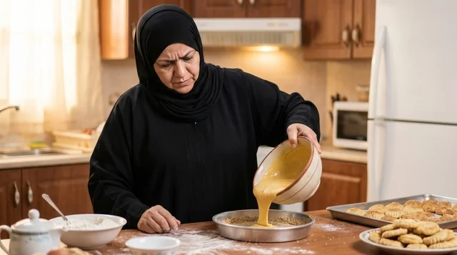 Kuwaiti Woman Baking Traditional Girs Ogaily Cake in Kitchen