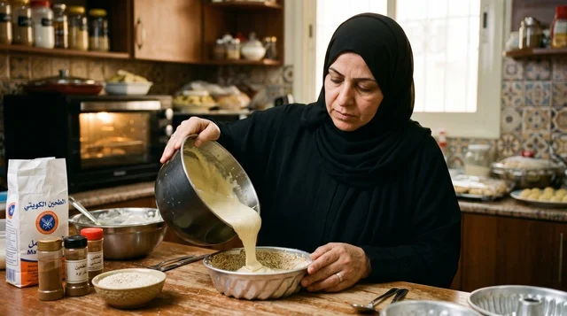 Kuwaiti Woman Baking Gers Ogaily in Domestic Kitchen