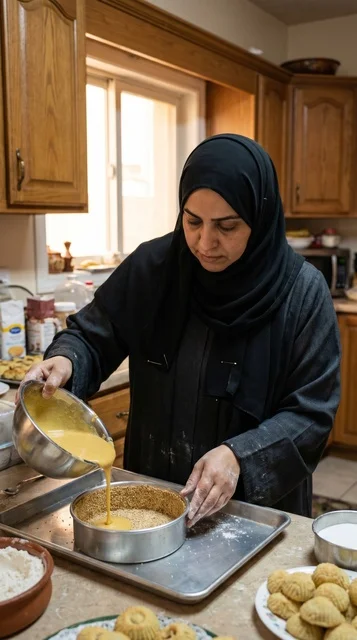 امرأة كويتية تخبز الكيك في مطبخ تقليدي