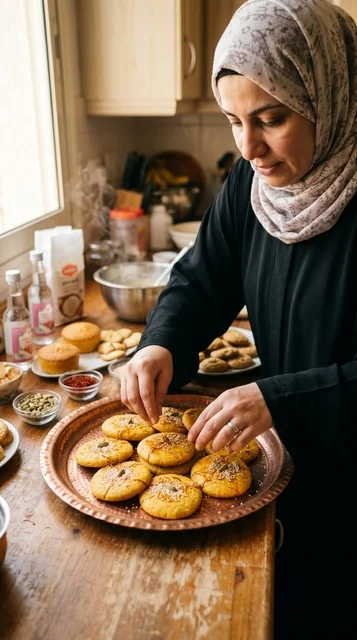 امرأة كويتية تحضر قرص العقيلي التقليدي في المطبخ