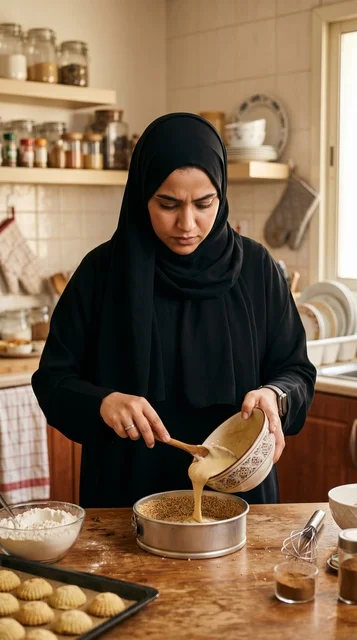 امرأة كويتية تخبز كيك قرص العقيلي التقليدي في المطبخ