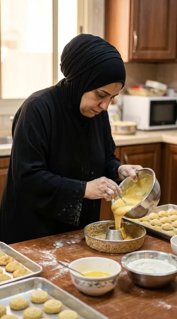 امرأة كويتية تحضر قرص العقيلي التقليدي في المطبخ