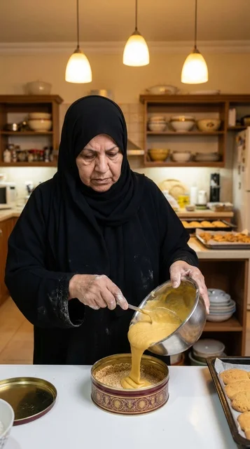 امرأة كويتية تصب خليط قرص العقيلي في المطبخ