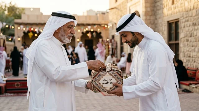 Kuwaiti Grandfather Giving Eid Sacrifice Meat to Young Man