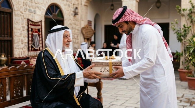 رجل كويتي يسلم صندوق هدايا لشاب في ساحة تراثية