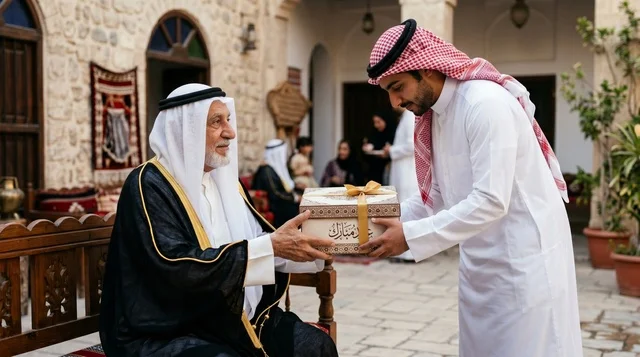 رجل كويتي يسلم صندوق هدايا لشاب في ساحة تراثية