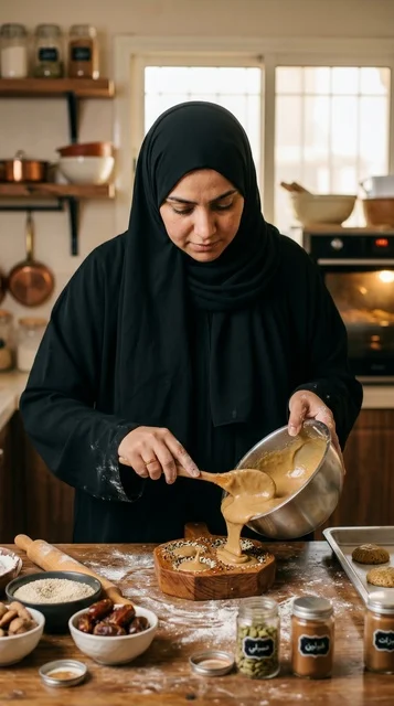 امرأة كويتية تخبز قرص العقيلي في المطبخ التقليدي
