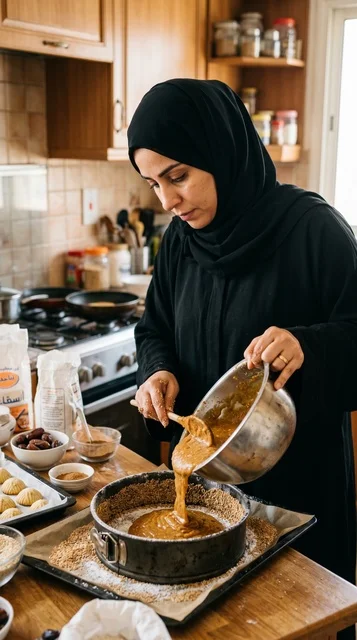 امرأة كويتية تخبز كيك قرص العقيلي التقليدي
