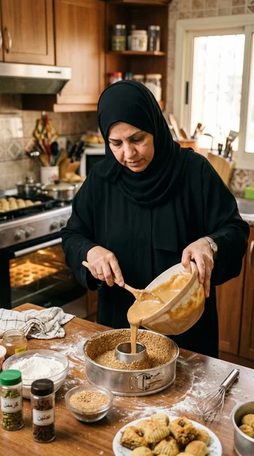 امرأة كويتية تحضر قرص العقيلي في المطبخ