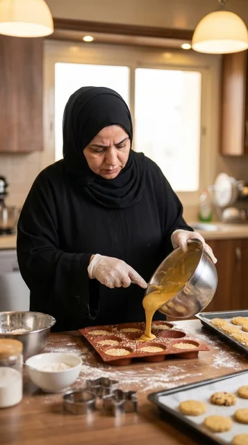 امرأة كويتية تصب خليط قرص العقيلي في المطبخ