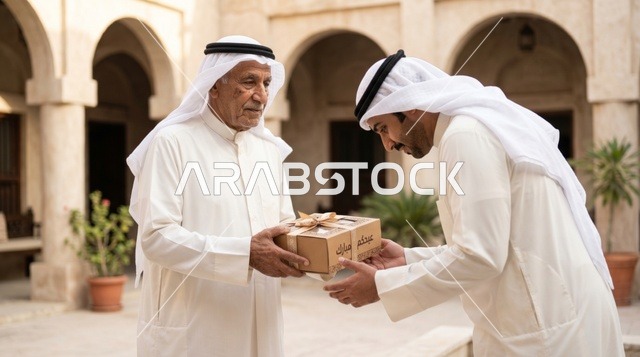 جد كويتي يسلم صندوق عيد لشاب في ساحة تقليدية