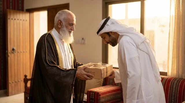 رجل كويتي يسلم صندوق لحم الأضحية لشاب