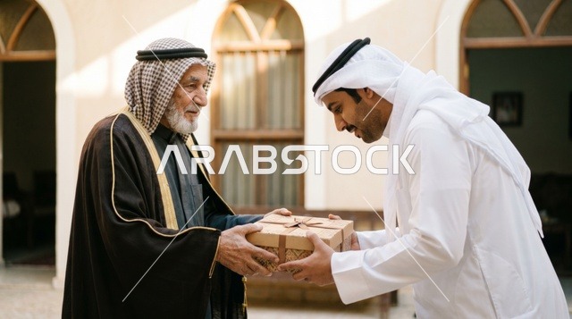 رجل كويتي مسن يسلم صندوق هدايا لشاب في الخارج