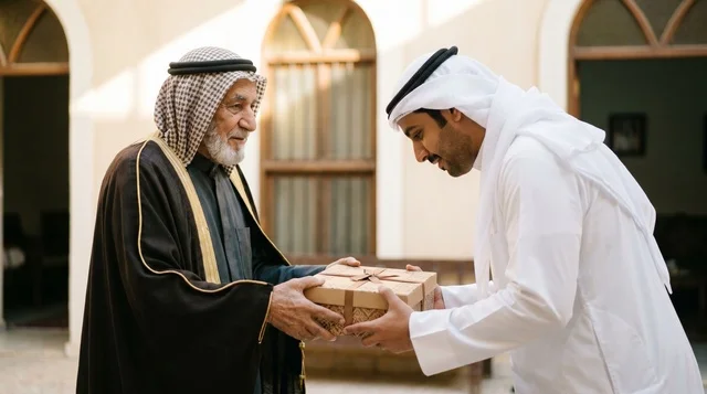 رجل كويتي مسن يسلم صندوق هدايا لشاب في الخارج