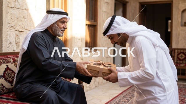 رجال كويتيون يتبادلون صناديق الأضحية في فناء تراثي
