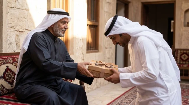 رجال كويتيون يتبادلون صناديق الأضحية في فناء تراثي