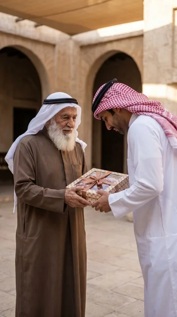 جد كويتي يسلم صندوق هدايا لشاب في فناء تراثي