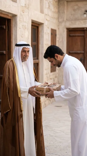 رجل كويتي مسن يسلم صندوق لحم الأضحية لشاب في العيد