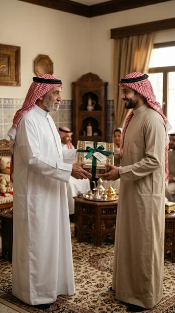 جد كويتي يسلم صندوق هدايا لشاب في المنزل