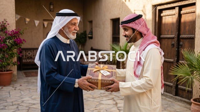 رجال كويتيون يوزعون لحم الأضحية في ساحة تقليدية