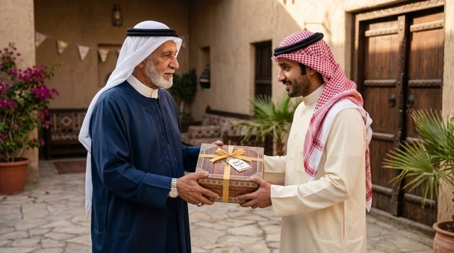 Kuwaiti Men Sharing Udhiya Meat Box Outdoors