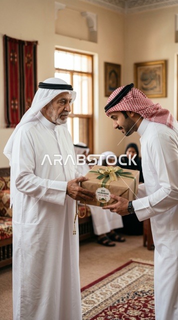 جد كويتي يسلم هدية العيد في مجلس تقليدي