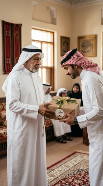 جد كويتي يسلم هدية العيد في مجلس تقليدي