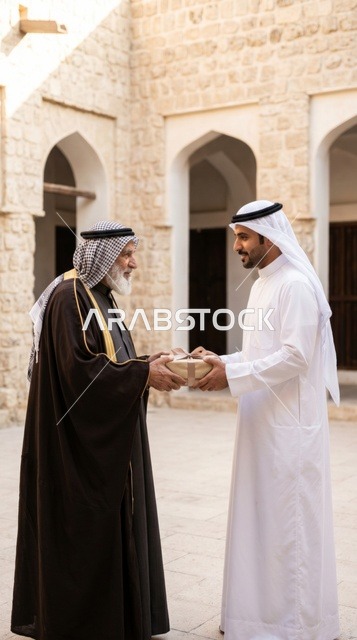 رجال كويتيون يسلمون صندوق لحم الأضحية في ساحة تراثية قديمة