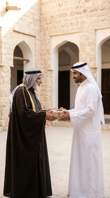 رجال كويتيون يسلمون صندوق لحم الأضحية في ساحة تراثية قديمة