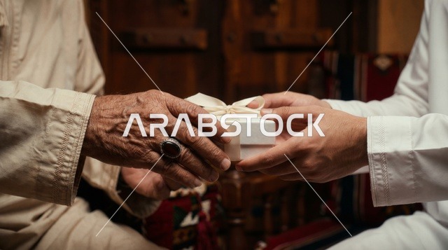 Elderly Arab Man Handing Small Gift Box Close Up