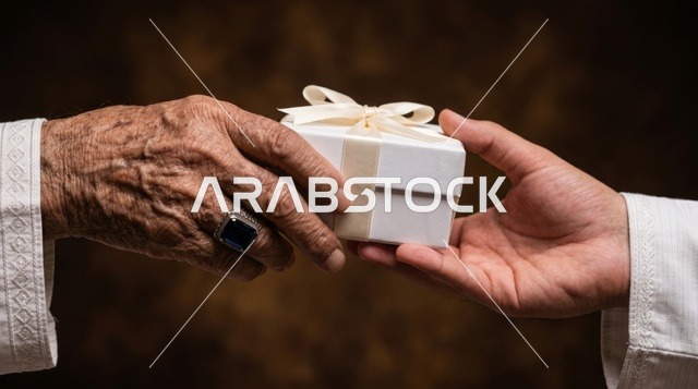 Elderly Hand Giving Gift Box for Charity Distribution