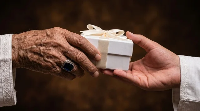 يد مسنة تسلم صندوق هدايا وتبرعات في العيد