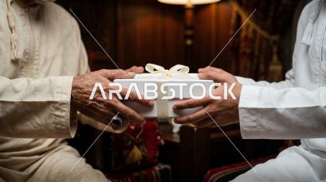 Elderly Man Giving White Gift Box in Traditional Clothing