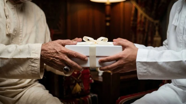 Elderly Man Giving White Gift Box in Traditional Clothing