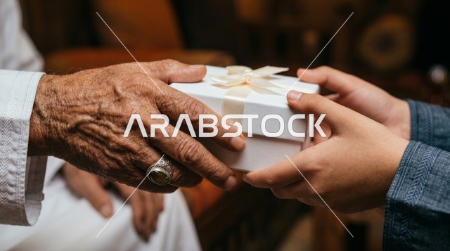 لقطة مقربة ليد رجل مسن يسلم صندوق هدايا