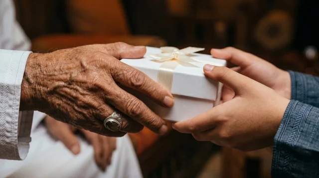 Close Up of Elderly Hand Giving White Gift Box