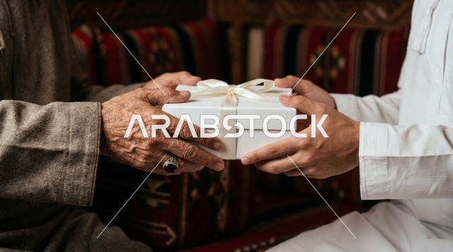 Giving Gift Box to Elderly Man Close Up
