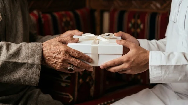 Giving Gift Box to Elderly Man Close Up Giving Gift Box to Elderly Man Close Up